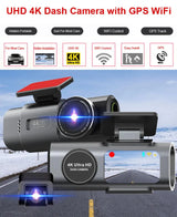 4K Dual Lens Dashboard Cam with Night Vision & GPS - Built-in Wi-Fi & Parking Mode