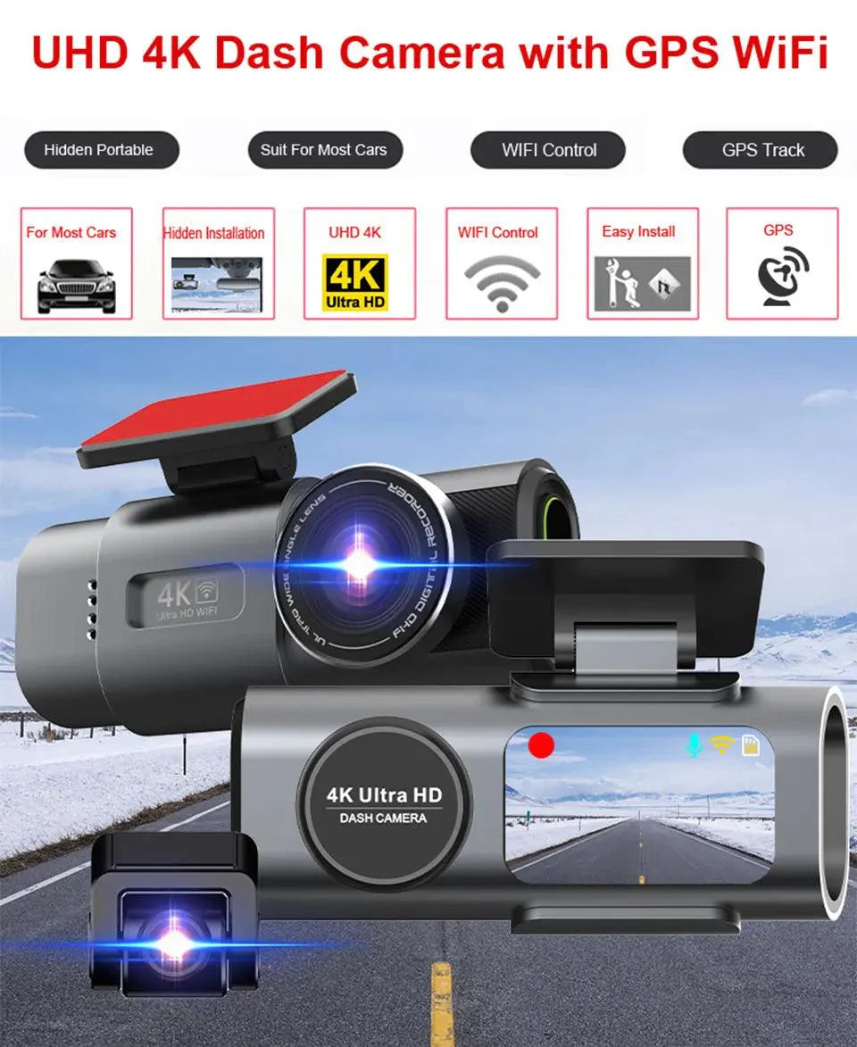 4K Dual Lens Dashboard Cam with Night Vision & GPS - Built-in Wi-Fi & Parking Mode
