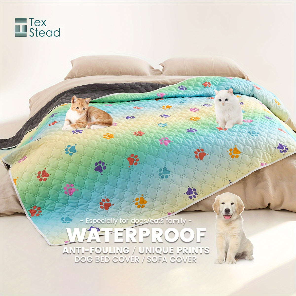 Ultimate Reversible Dog Bed Cover - Waterproof, Washable, Reusable Camping Mat with Geometric Embroidery Blanket, Rainbow Dog Paw Design, Easy to Clean and Durable for Indoor and Outdoor Use