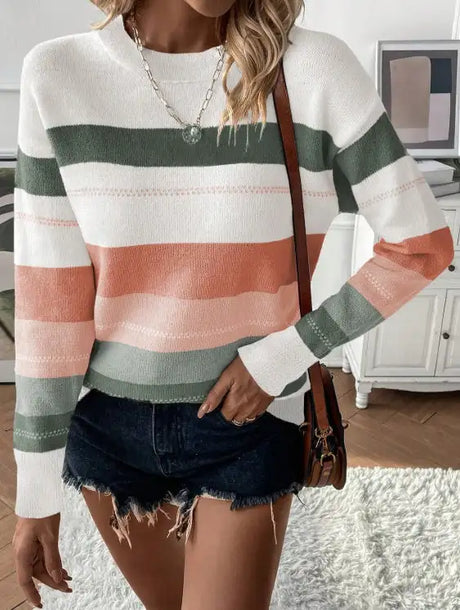 Ladies' Color Block Splicing Casual Style Knitted Sweater Top - Lootquake