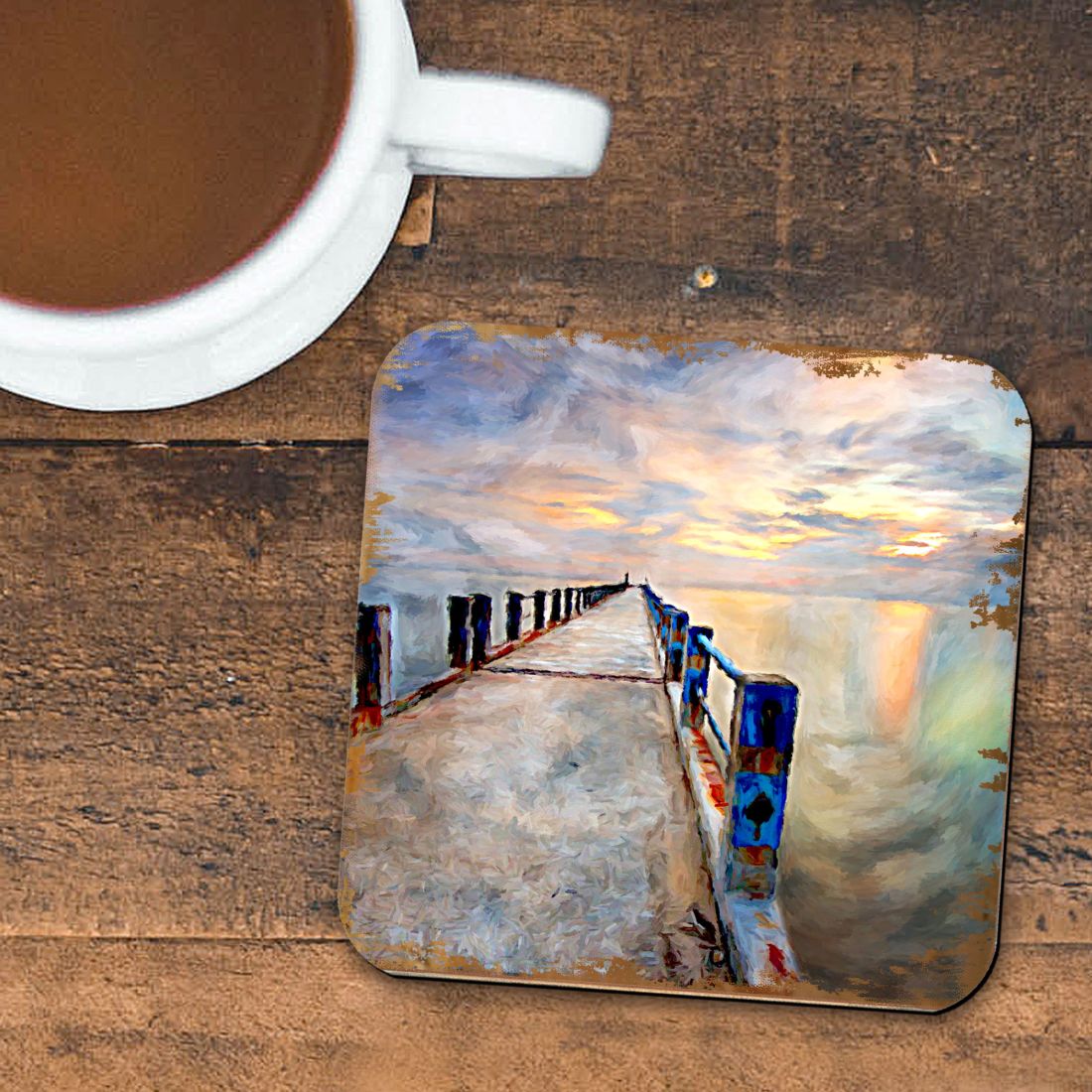 Pier Coastal Wooden Cork Coasters Gift Set of 4 by Nature Wonders - Coastal Sea-Life Decor - 95273C-S4