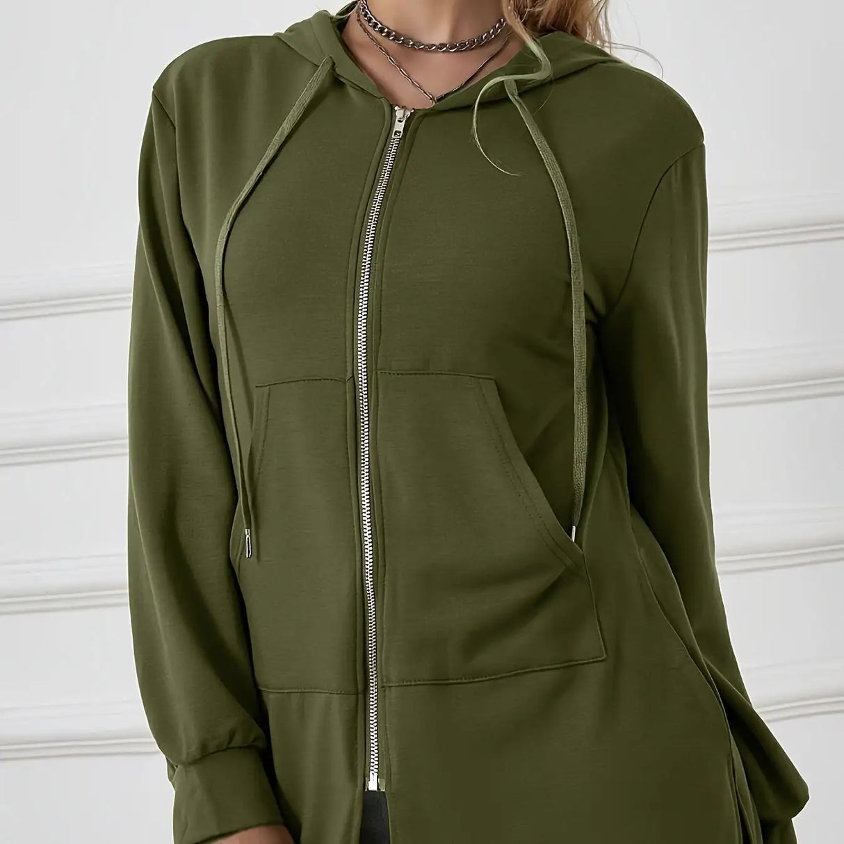 Women's Military Green Casual Sports Hooded Sweatshirt With Drawstring Zipper Jacket, Lightweight Top - Lootquake