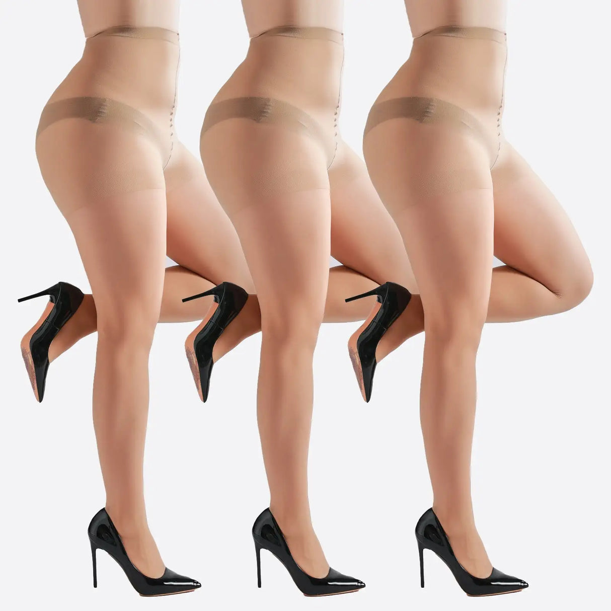 3 Pairs Plus Size Womens Sheer Tights 20D High Waist Control Top Pantyhose With Reinforced Toes - Lootquake