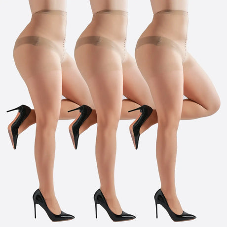 3 Pairs Plus Size Womens Sheer Tights 20D High Waist Control Top Pantyhose With Reinforced Toes - Lootquake