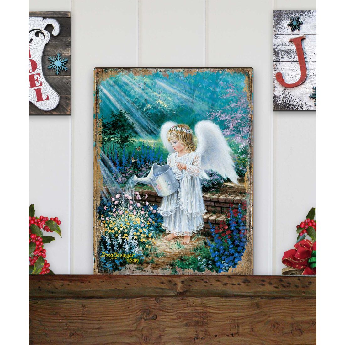 Arte mural de madera "El regalo de un ángel" de D. Gelsinger - Decoración navideña para la Natividad - 95661B-9708