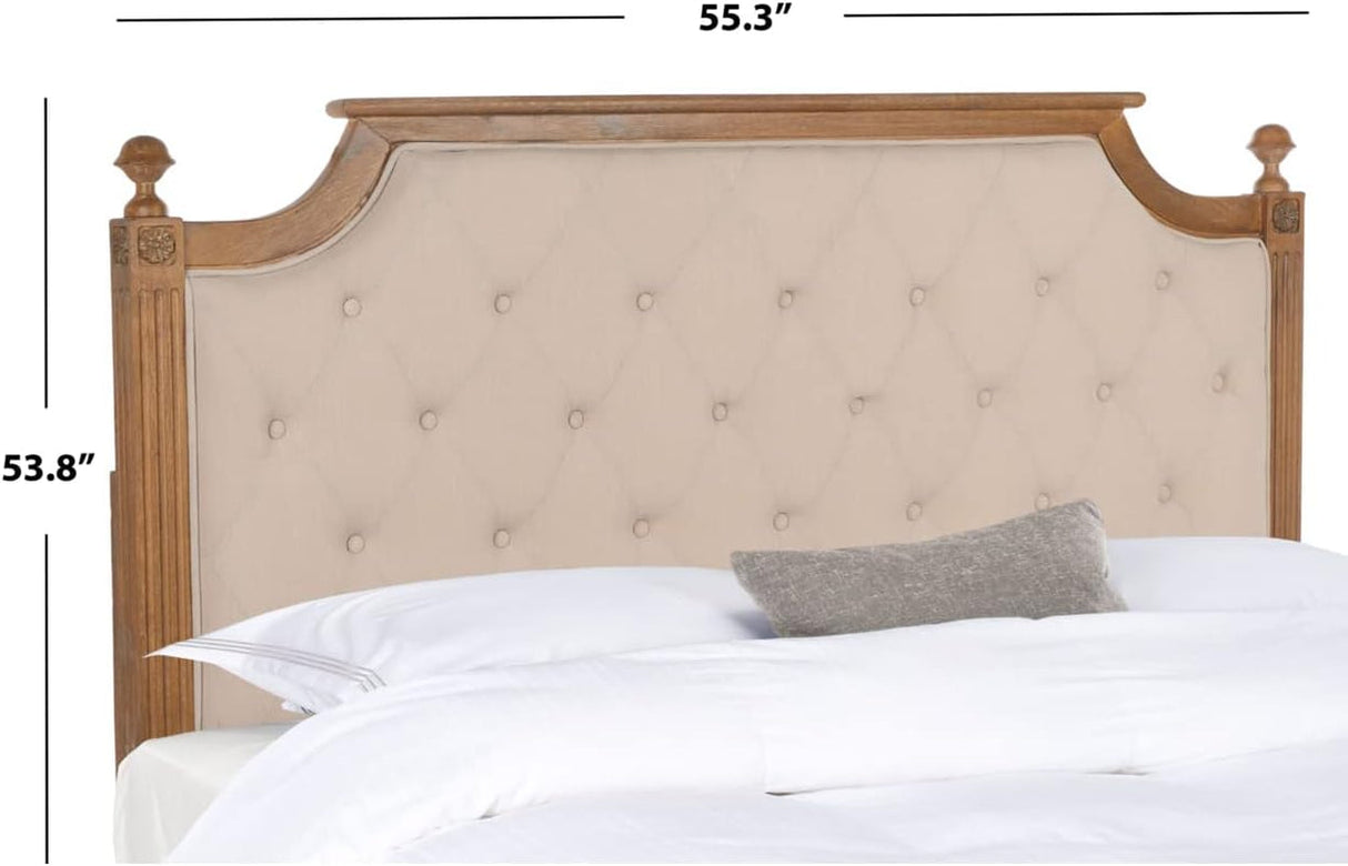 Tufted Linen Headboard in Beige and Rustic Oak