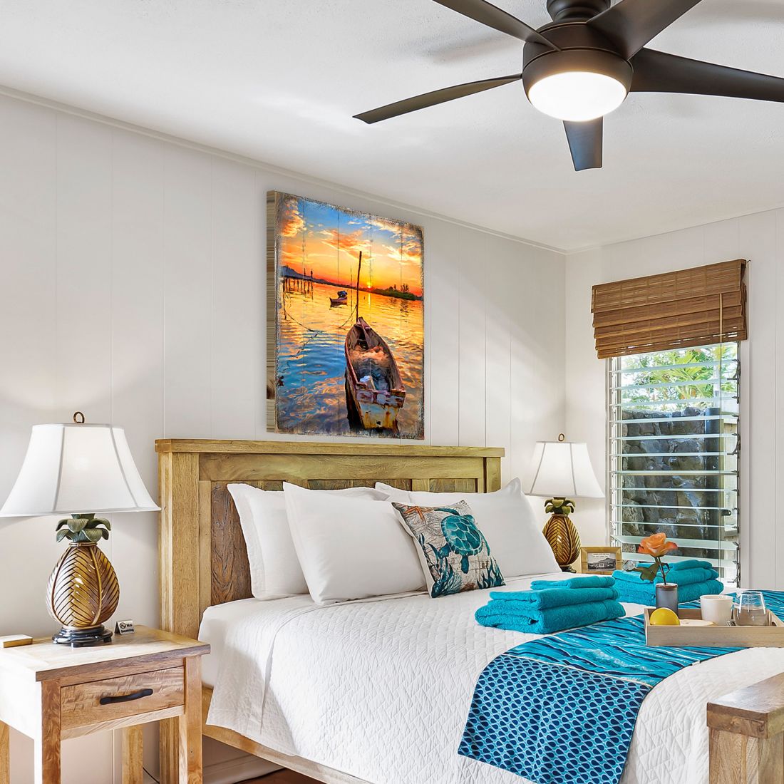 Arte de pared costero de madera con diseño de barco al atardecer de Sorrell, de Nature Wonders - Decoración costera de vida marina - 95228B