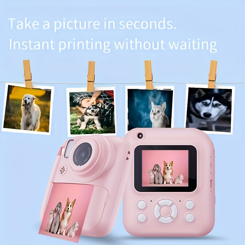 Appareil photo numérique à impression instantanée 48 MP - Mini appareil photo compact d'extérieur avec flash, Full HD 1080p, imprimante photo de dessins animés et papier d'impression pour Halloween, Noël et Thanksgiving