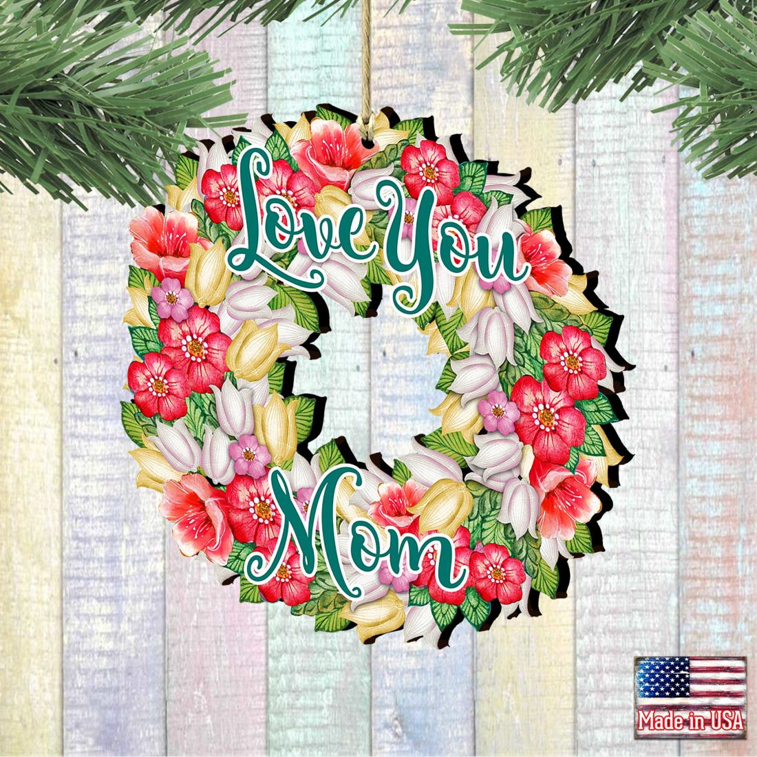 Love You Mom Flowers Wreath Wooden Ornaments by G. DeBrekht - Easter Spring Decor - 8185303