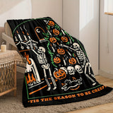 Couverture d'Halloween en flanelle polaire avec motif tête de mort et citrouille, pour femme et homme, légère et moelleuse, idéale pour la chambre ou le canapé, noire