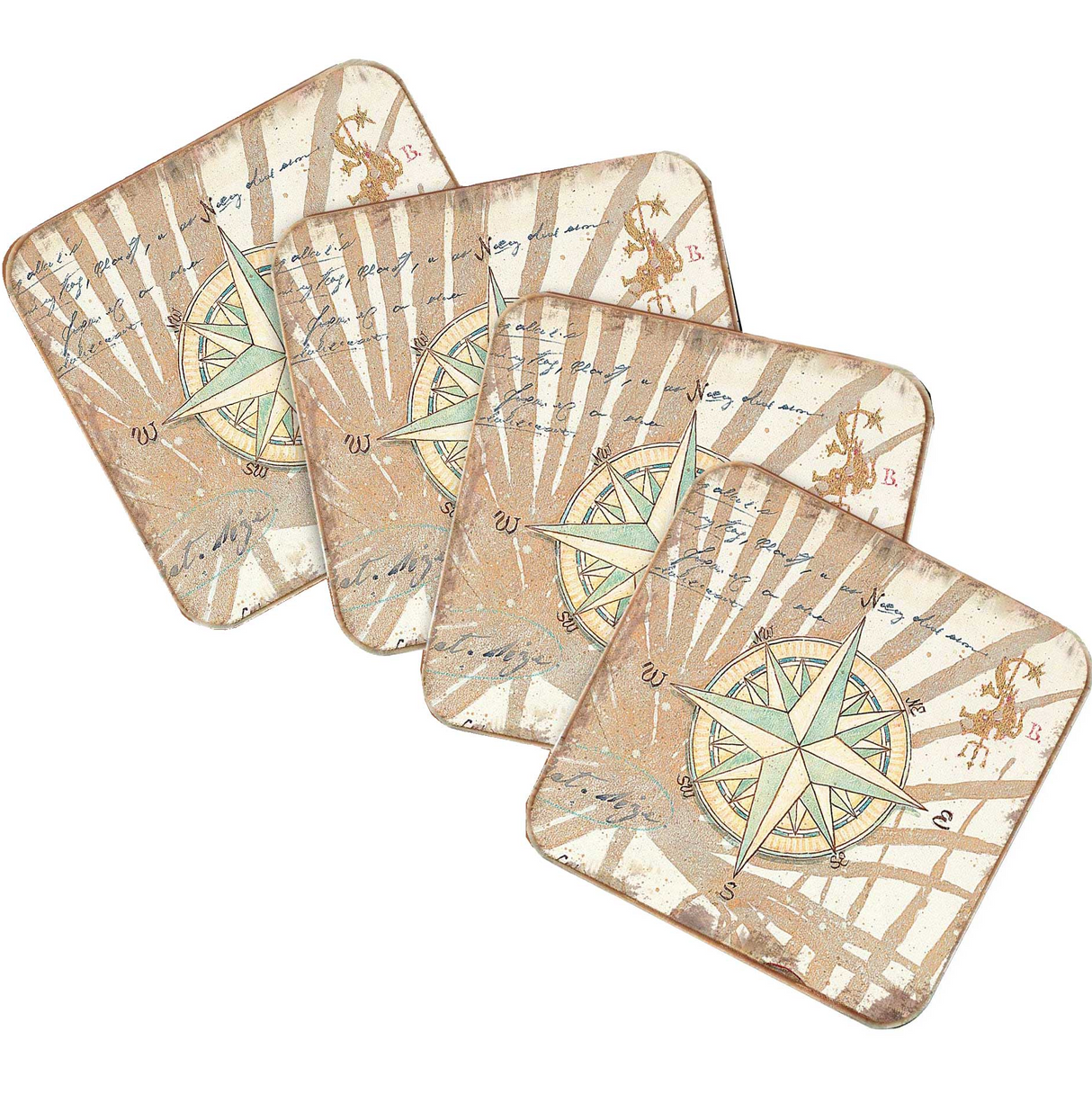 Compass Coastal Wooden Cork Coasters Gift Set of 4 by Nature Wonders - Coastal Sea-Life Decor - 8198620C-S4