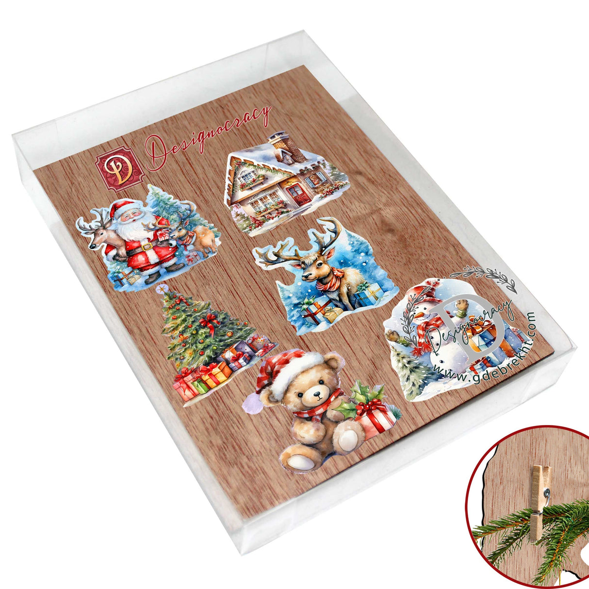 Christmas Is Here Decorative Wooden Clip-on Ornaments Set of 6 by G. Debrekht - Christmas Decor - 8090028C-S6