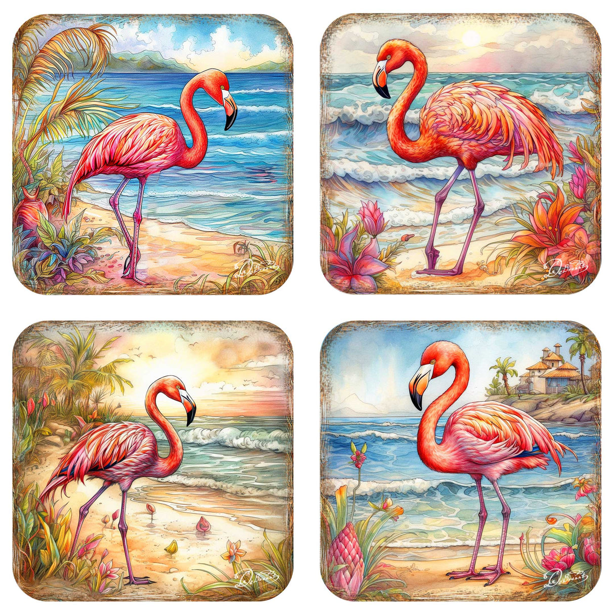 Juego de 4 posavasos de corcho de madera con flamencos rosados ​​de G. Debrekht - Decoración costera - 8199440C-S4