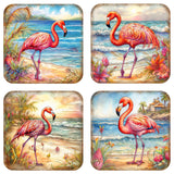 Juego de 4 posavasos de corcho de madera con flamencos rosados ​​de G. Debrekht - Decoración costera - 8199440C-S4