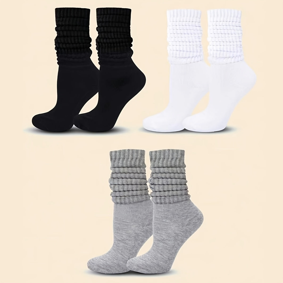 Conjunto de 3 pares de calcetines de media pantorrilla modernos para mujer, de punto liso, suaves y transpirables, tallas grandes (0XL-2XL).