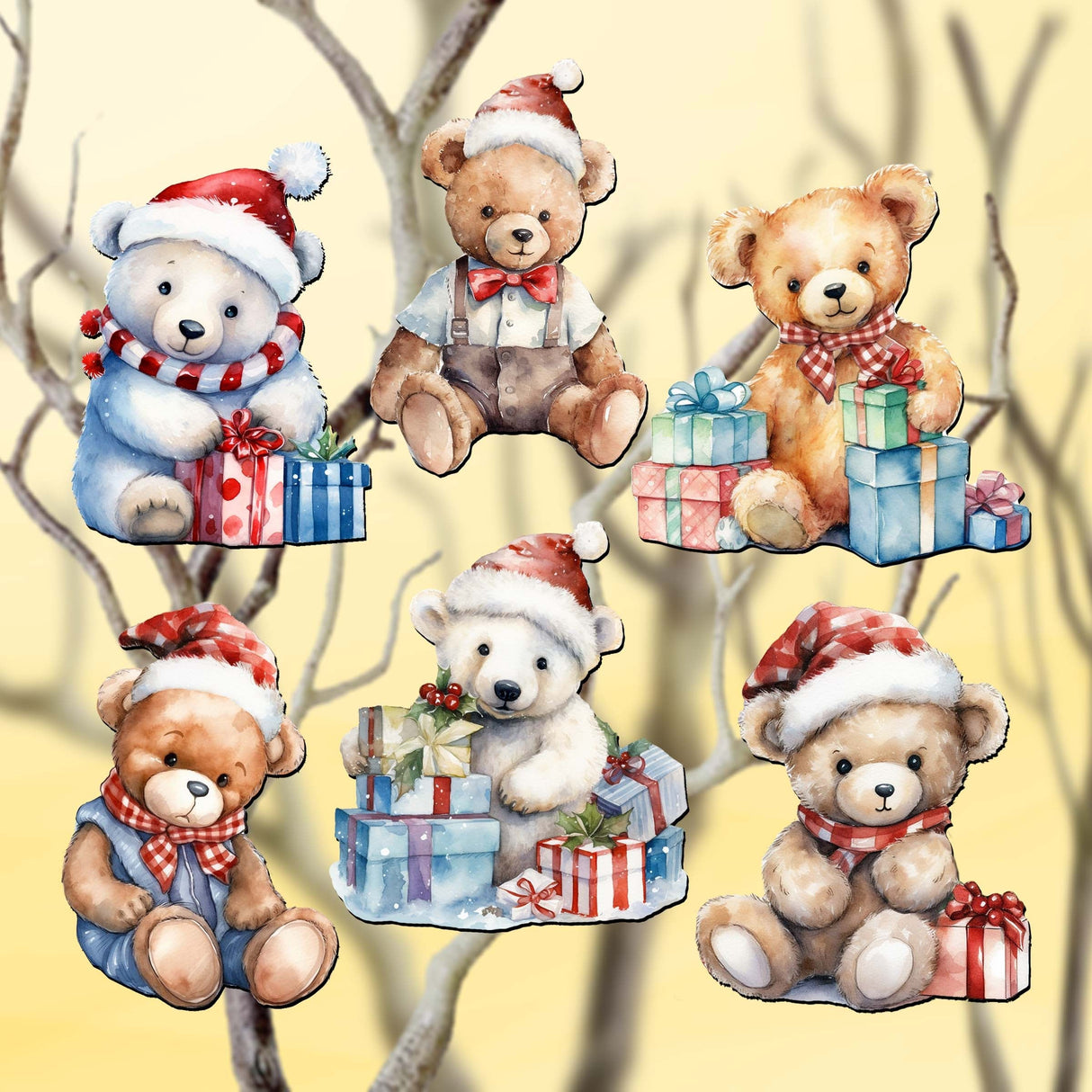 Christmas Teddy Bear Decorative Wooden Clip-on Ornaments of 6 by G. Debrekht - Christmas Decor - 8090011C-S6