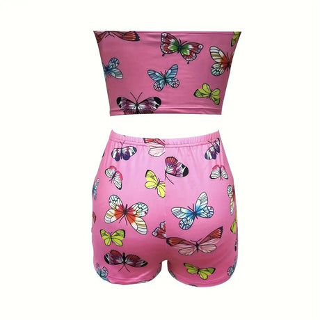 Ladies' Butterfly Print Chest Wrapped Casual Beach Vacation Style Sexy Top And Shorts Set - Lootquake