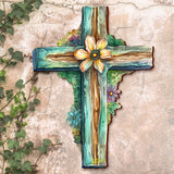 Cruz de madera verde azulado de G. Debrekht - Decoración de primavera para Pascua - 88164