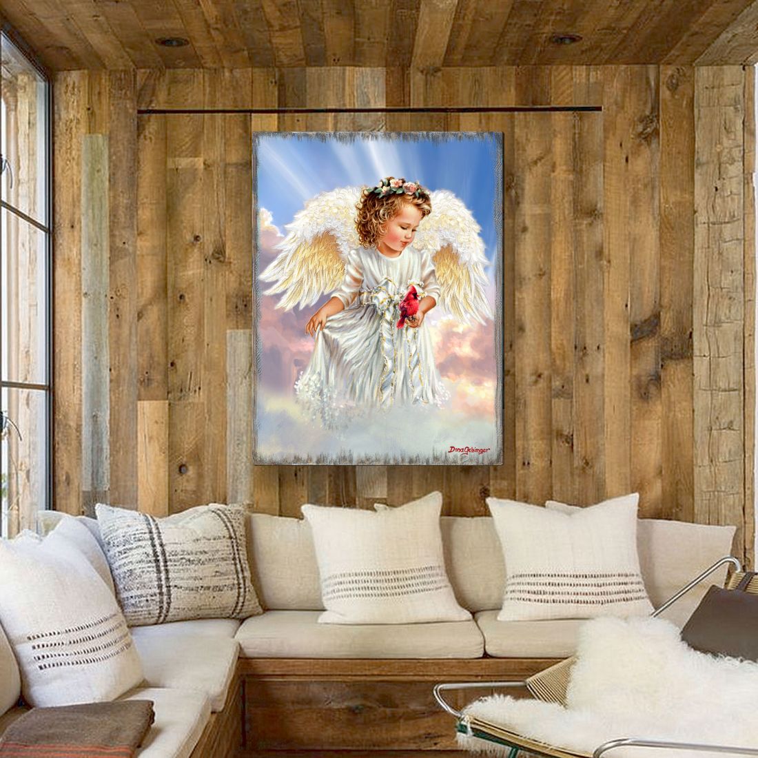 Ángel con cardenal, arte mural de madera de D. Gelsinger - Decoración navideña - 95676B-DG