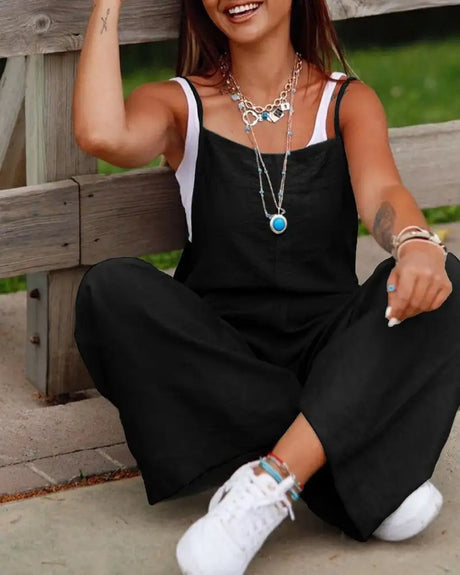 Women's Sleeveless Jumpsuit With Pockets And Adjustable Shoulder Strap Fashion Loose Wide Leg Straight Overalls Summer Beach Trousers - Lootquake
