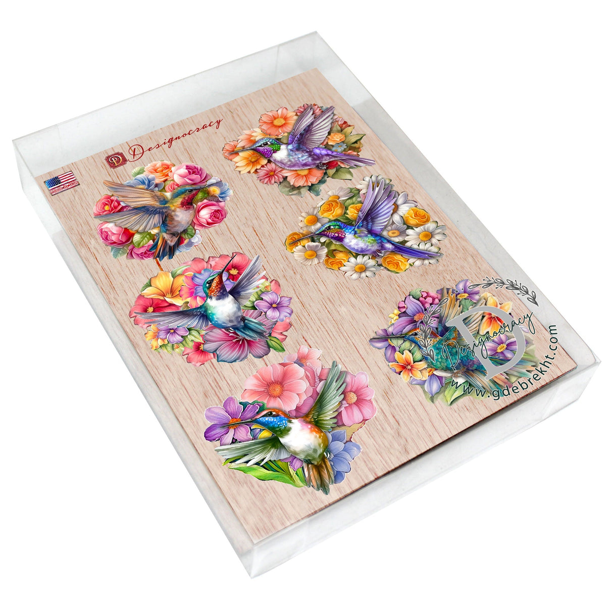 Juego de 6 imanes decorativos de madera con forma de colibrí de G. Debrekht - Decoración de vida silvestre - 8090140G-S6