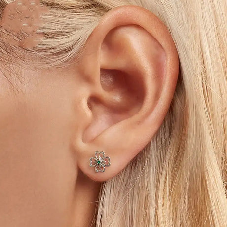 Lucky Four-Leaf Clover Stud Earrings Sterling Silver Plant - Lootquake