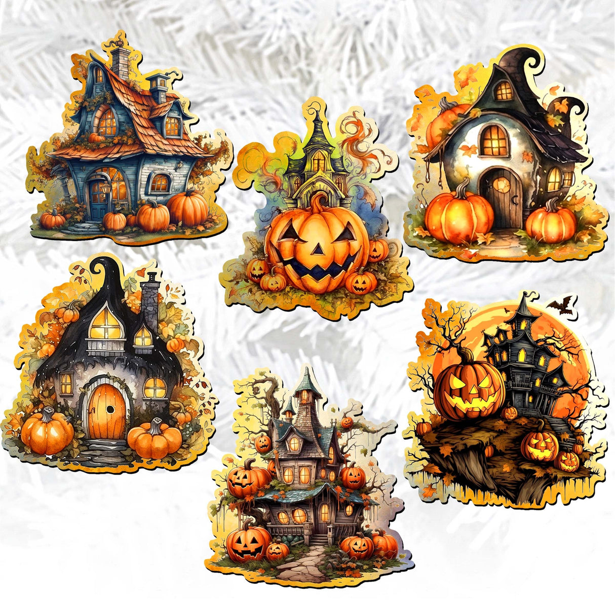 Spooky Houses Decorative Wooden Clip-on Ornaments of 6 by G. Debrekht - Halloween Decor - 8090007C-S6