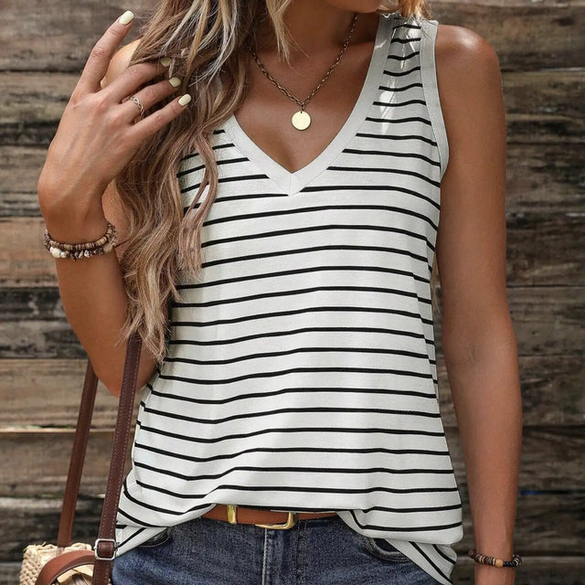 Ladies' Black And White Striped V-neck Sleeveless Tank Top - Lootquake