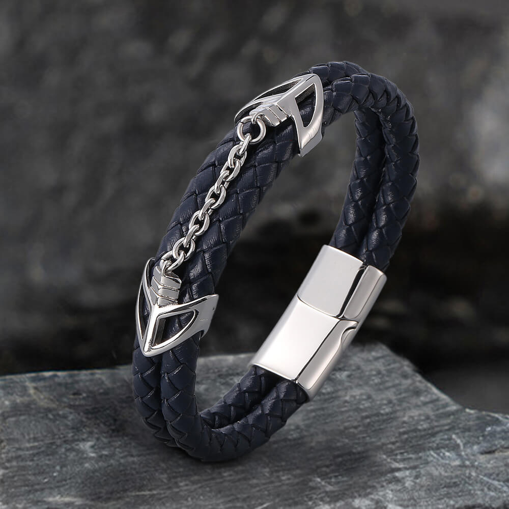Double-Layer Braided Stainless Steel Leather Bracelet