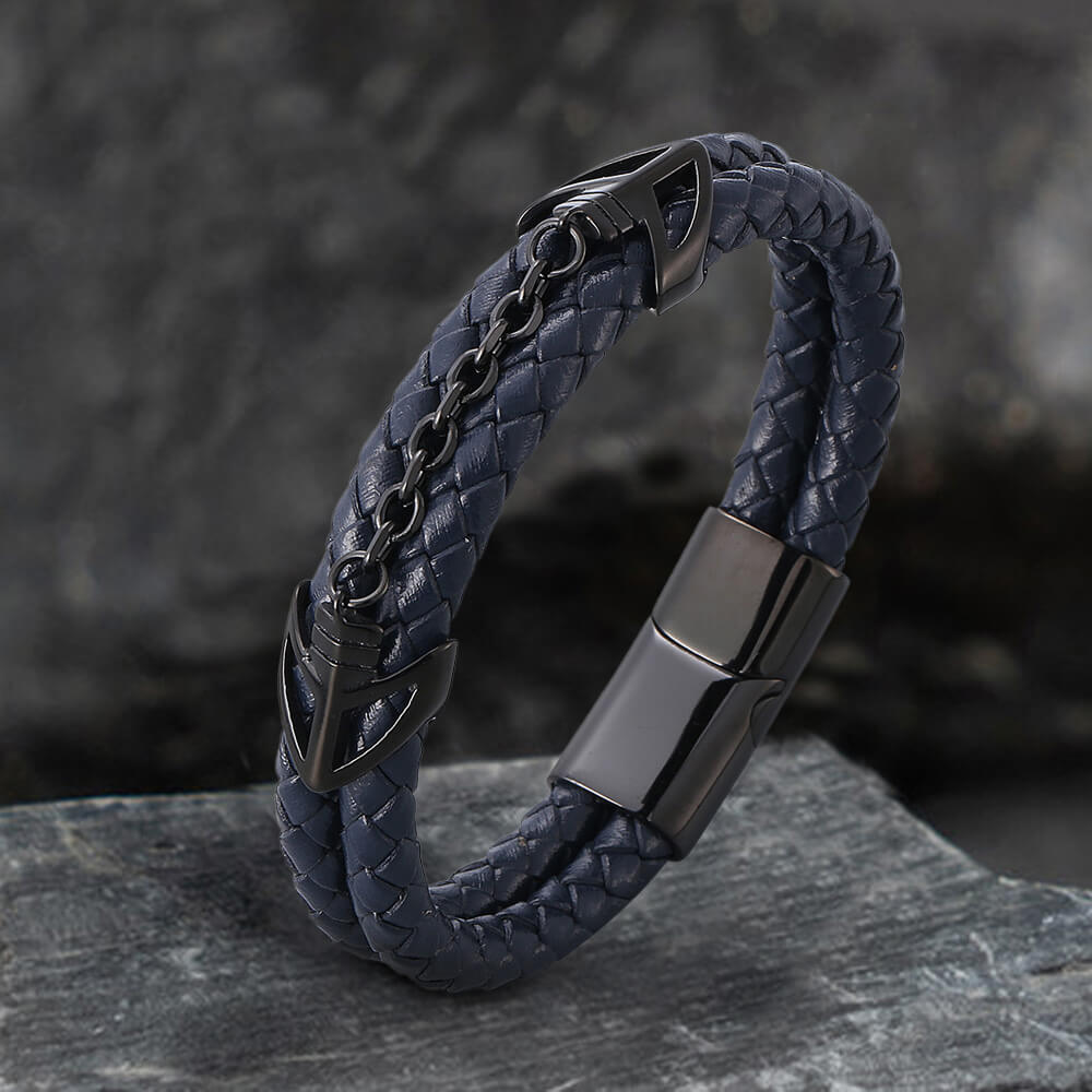 Double-Layer Braided Stainless Steel Leather Bracelet