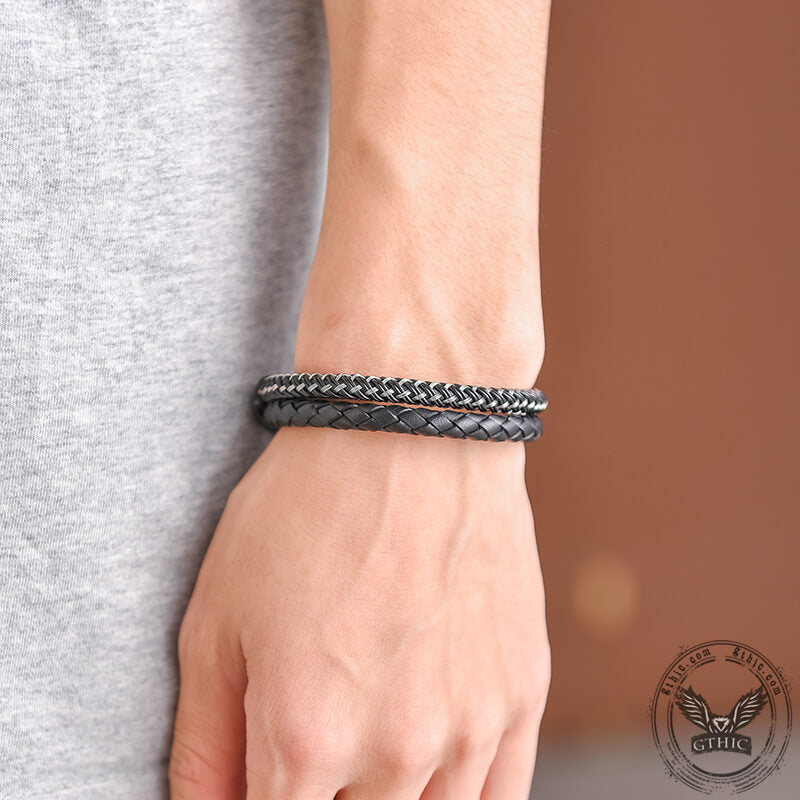 Double Braided Leather Stainless Steel Bracelet