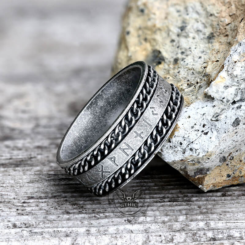 Double Chain Runes Stainless Steel Viking Ring