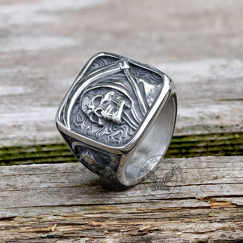 Vintage Grim Reaper Skull Stainless Steel Square Ring