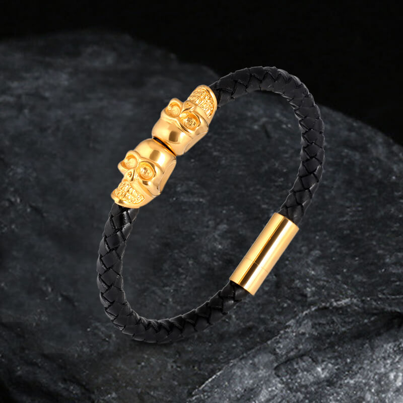 Pulsera de cuero con hebilla magnética de acero inoxidable trenzado con doble calavera