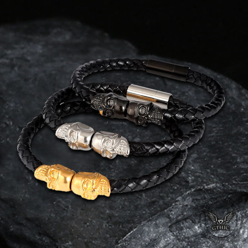 Pulsera de cuero con hebilla magnética de acero inoxidable trenzado con doble calavera