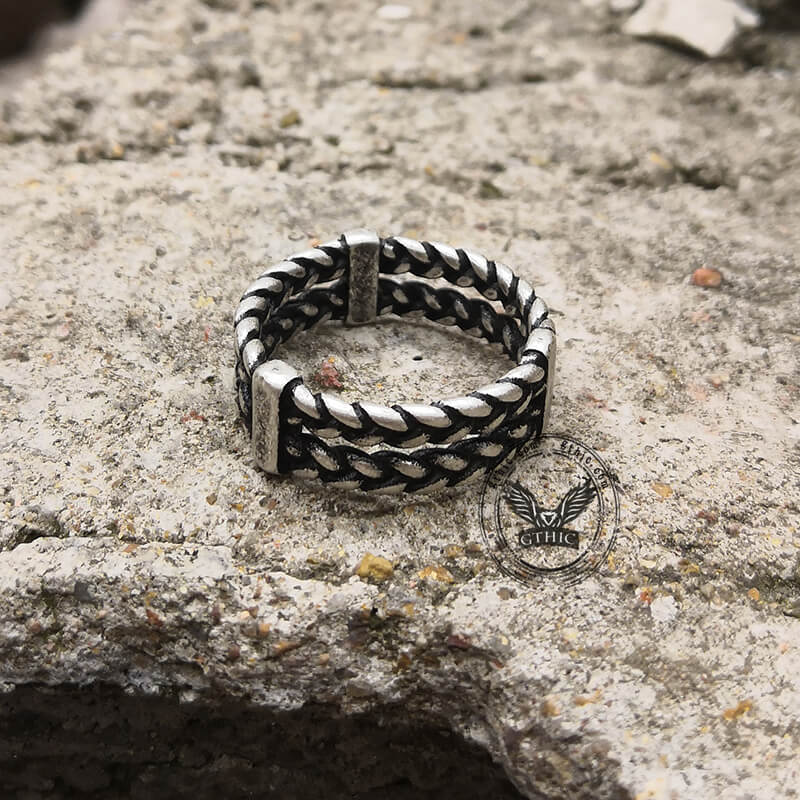 Anillo de acero inoxidable con cadena de espigas de trigo dobles