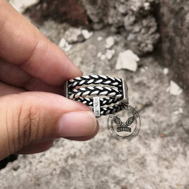 Anillo de acero inoxidable con cadena de espigas de trigo dobles