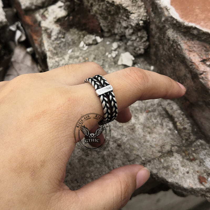 Anillo de acero inoxidable con cadena de espigas de trigo dobles