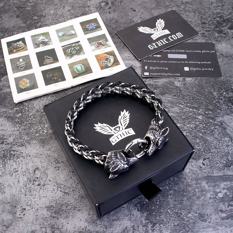 Double Wolf Head Buckle Stainless Steel Braided Bracelet
