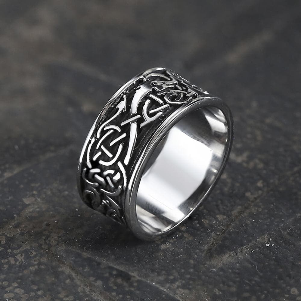 Anillo vikingo de acero inoxidable con nudo celta y cabeza de dragón