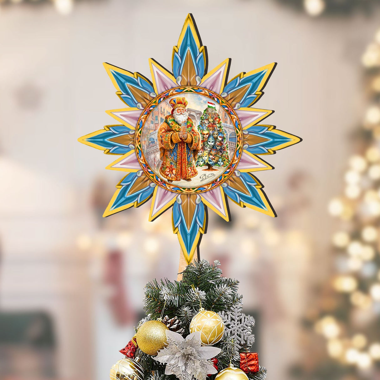 Italian-inspired Santa Tree Topper Wooden Decor by G. Debrekht  - Santa Snowman Decor - 89522