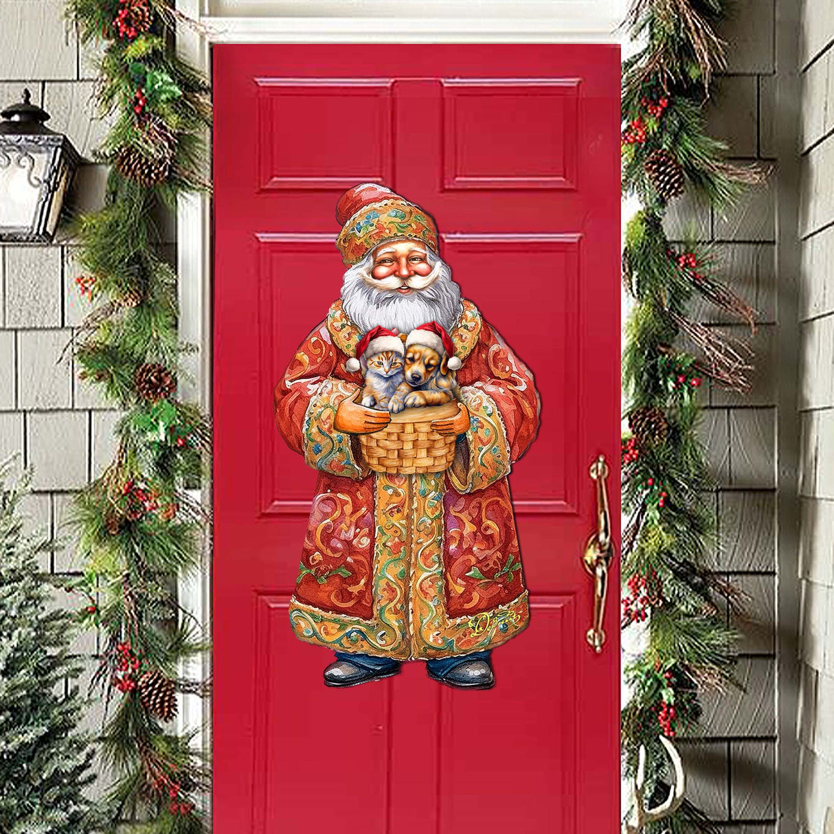 Yuletide Pets with Santa Holiday Door Decor by G. Debrekht - Christmas Santa Snowman Decor - 8691406H