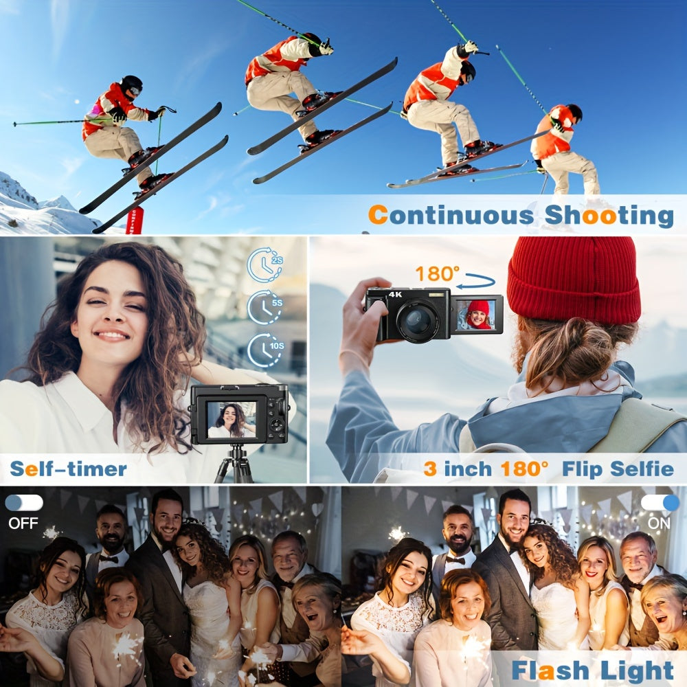 Cámara digital 4K de 48 MP, pantalla abatible de 3", enfoque automático, antivibración y zoom de 16x para fotografía y vídeo.
