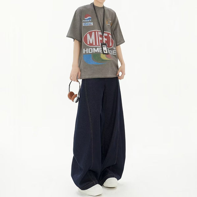 High Waist Dark Blue Wide Leg Jeans - Lootquake