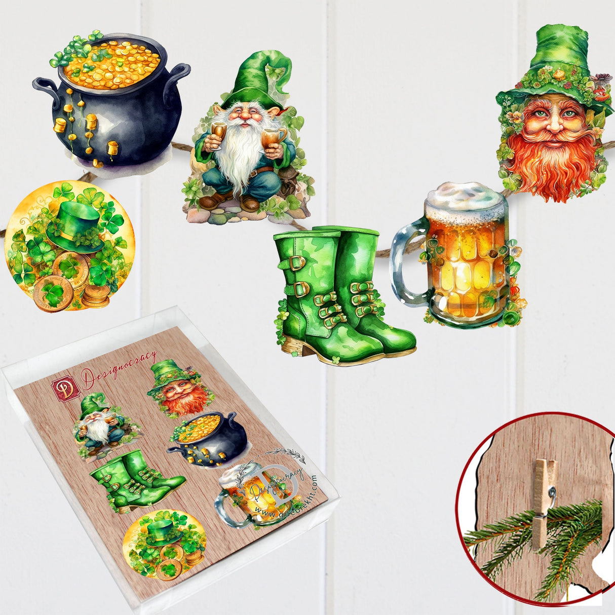 Juego de 6 adornos decorativos de madera con clip para el Día de San Patricio de G. Debrekht - Decoración del Día de San Patricio - 8090058C-S6