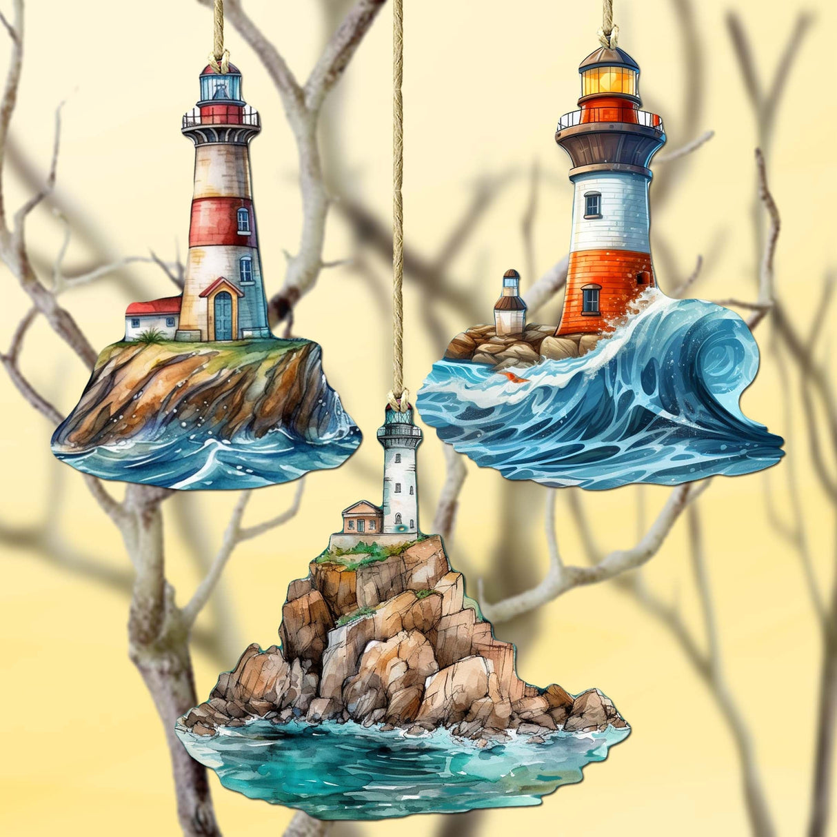 Lighthouse Decorative Wooden Ornaments Set of 3 by G. Debrekht - Coastal Decor - 8091022-S3
