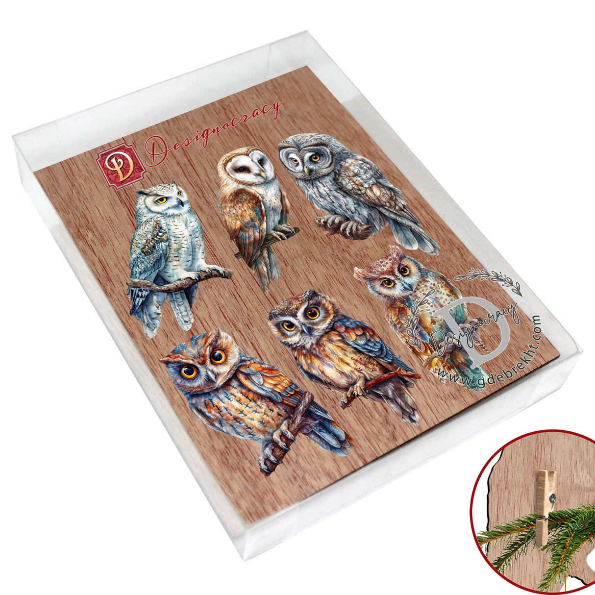 Night Owls Decorative Wooden Clip-on Ornaments of 6 by G. Debrekht - Christmas Decor - 8090004C-S6