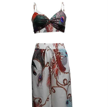 Women's Feather Printed Black Vacation Sexy Strap Pants Set - Lootquake