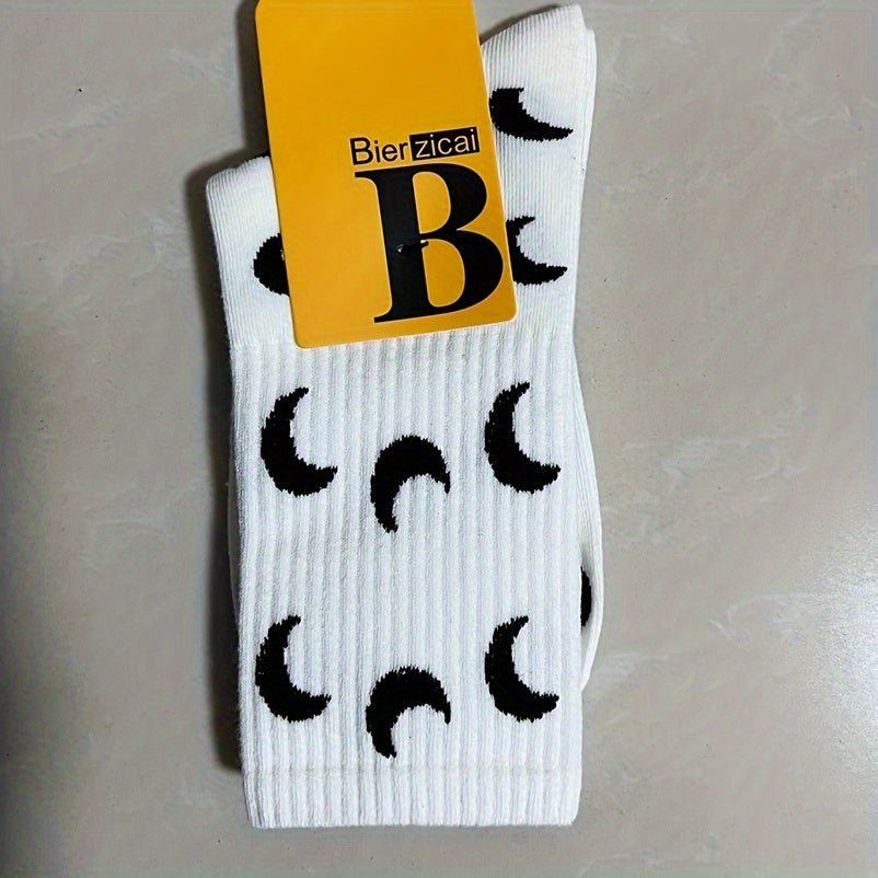 1 Pair Moon Pattern Trendy Y2K Hip Hop Socks, Casual Versatile Soft Comfortable Outdoor Sports Socks