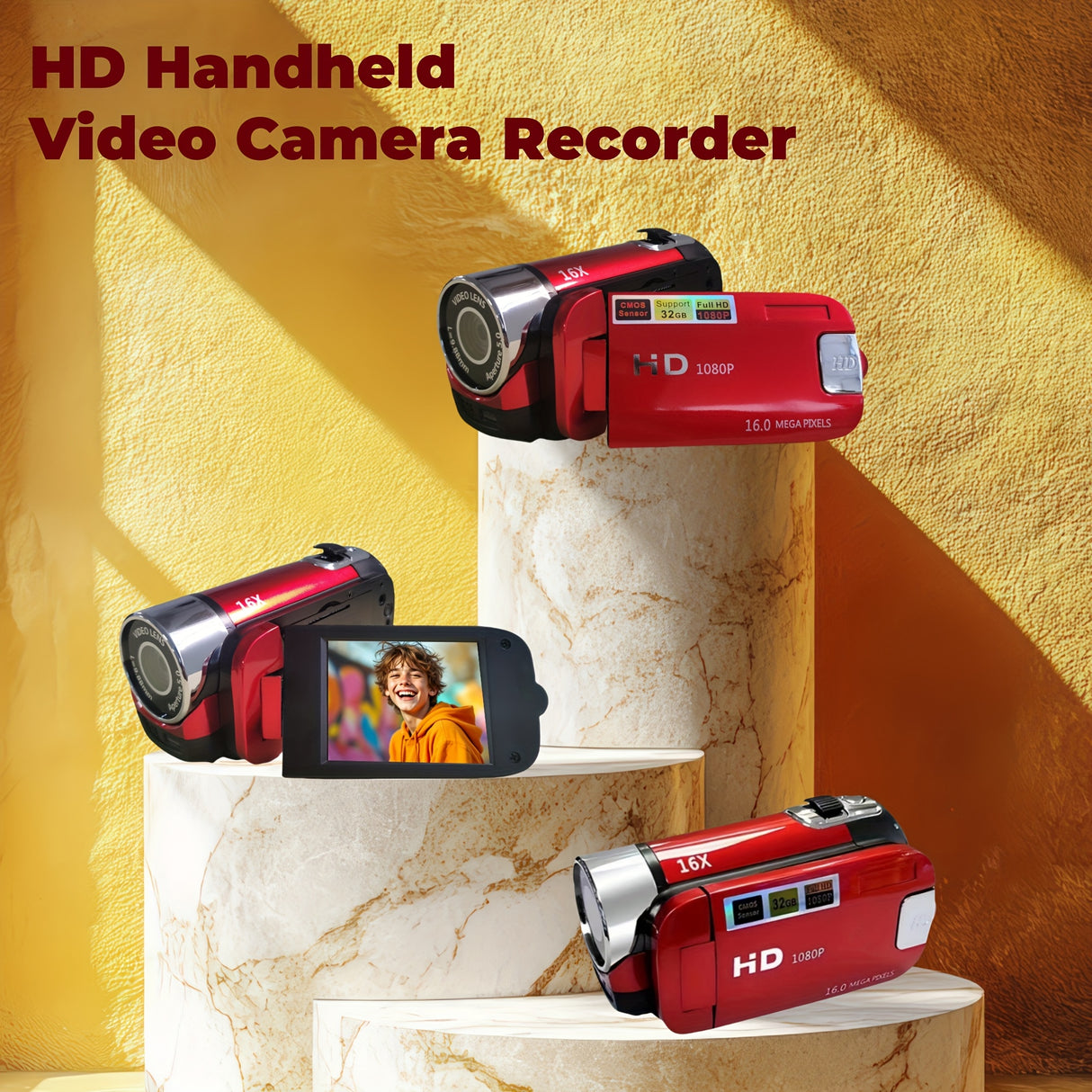 1080P Portable Digital Camcorder, Rotate Screen Digital Camera With Rechargeable Battery And 32G Memory Card Support Selfie, Suitable For Travel Photograph And Friend Gathering And Growth Recording